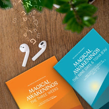 Load image into Gallery viewer, Daily "Daily Dose Premium Package: Magical Awakenings for the Three Weeks, Nine Days, and Tisha B'Av. Featuring cover images of the Three Weeks and Nine Days & Tisha B'Av booklets with AirPods and Hebrew letters on a wooden background."